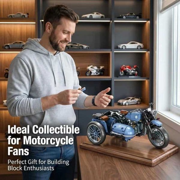 Blue Classic Trike Motorcycle Construction Kit High Simulation Sidecar Motorbike Building Blocks Home Decor Display Model for Z260522