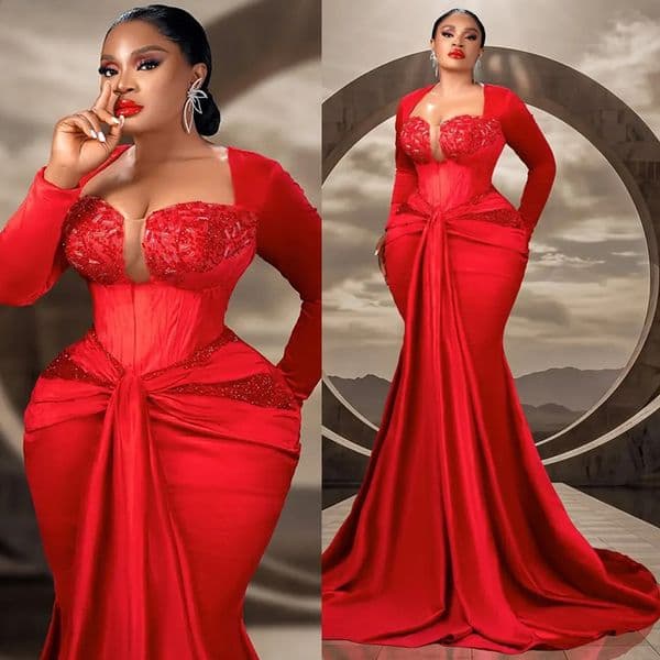 Red 2026 Prom Dress Mermaid Evening Dresses For Black Women Beaded Lace Crystals Flora Illusion Long Sleeves Birthday Dress Second Reception AM3168