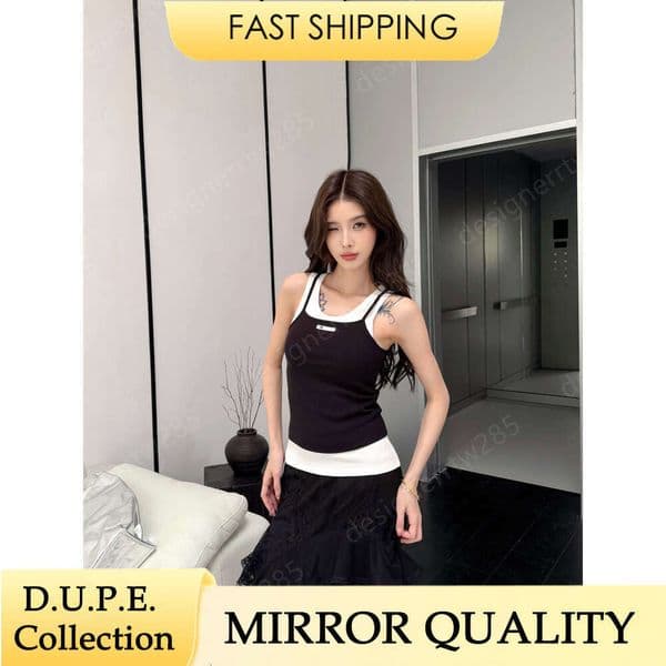 Designer Ribbed Camisole Crop Top Set Embroidered Logo Strappy Tank Top Y2K Preppy Aesthetic Sleeveless Summer Undershirt For Trendy Women Girls Layering Basics