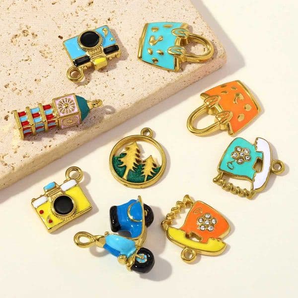 3pcs/Lot Stainless Steel 3D Motor Bell Tower DIY Charms Camera Hand Bag Necklace Pendants Woman Telephone Jewelry Z260522