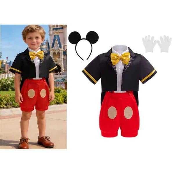 Kids Boys Black-Red Mouse Cosplay Costume Bow Tie TopShort Sleeve CoatSuspender Shorts For Halloween Carnival Birthday Outfits L260522