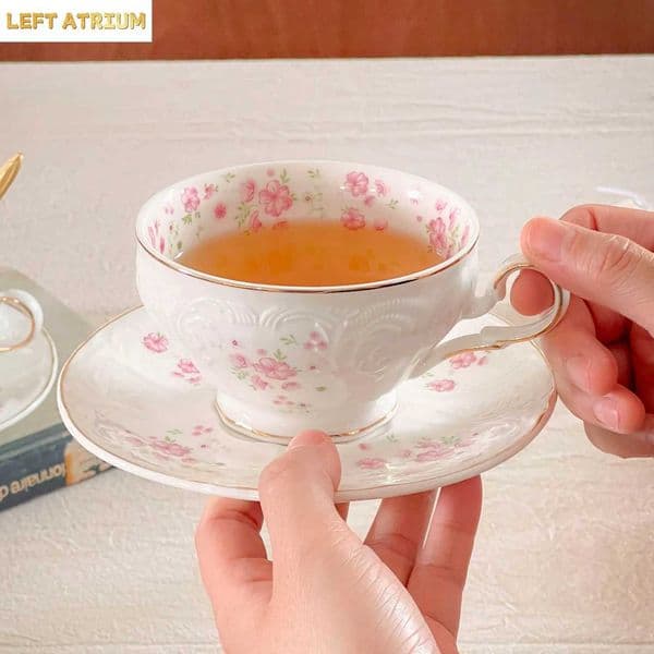 French Vintage Floral Ceramic Coffee Set Embossed Cherry Blossom Gold Trim Cup Saucer for Afternoon Tea Luxury GiftT260522