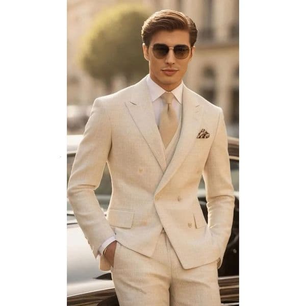 Beige Lapel Men Suits 3 Piece Summer Fashion Double Breasted Formal Clothing Smart Casual Wedding Suit BlazerVestPants 260515cj