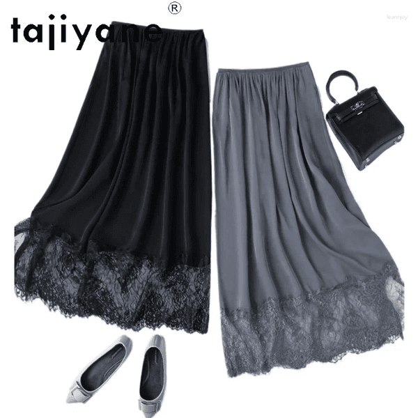 Skirts TAJIYANE 93% Real Silk Women's Elegant Lace Trim Long Skirt Spring Straight Woman Clothes 2026 Faldas