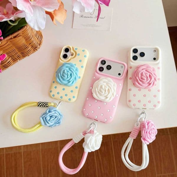 Cute 3D Polka Dot Silicone Case With Rose Flowers Bracket Rope Strap Cover for iPhone 17 16 15 14 13 12 Pro Max 17prax 17proJ260522