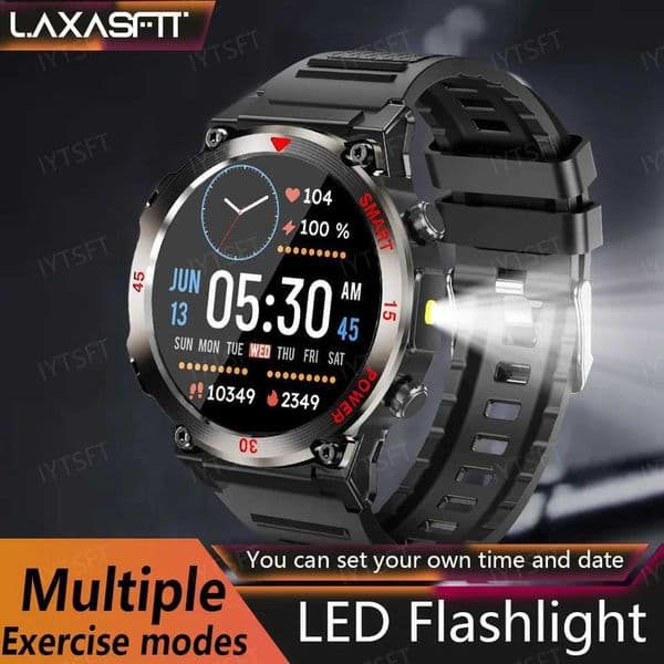LAXASFIT New Smart Watch Mens Outdoor Sports LED Flashlight Bluetooth Calling Voice Assistant Health Monitoring SmartwatchT260522