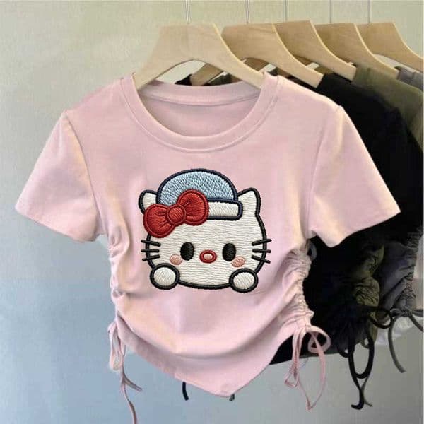 Girls Summer Round Neck Pullover Casual Top 2026 Hello Kitty Print for Older Children with Ribbed Drawstring Design Short Sleeve L260521ZQLO