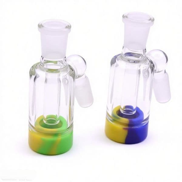 Wholesale 14mm 18mm Glass Ash Catcher With colorful Silicone Container wax box Reclaimer Ashcatcher For water bong pipe or Quartz Nails