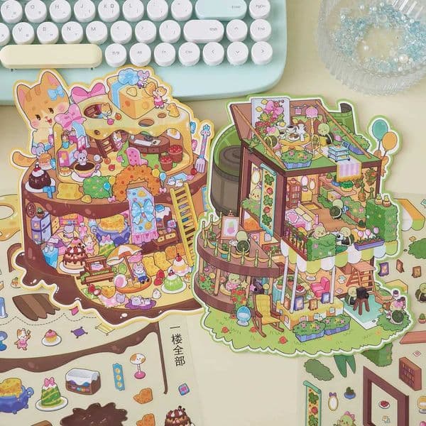 Kawaii Cute House 3D Kitten cake Landscape Sticker DIY Pocket Cabin Scene Halloween Childrens Toys gifts M260522