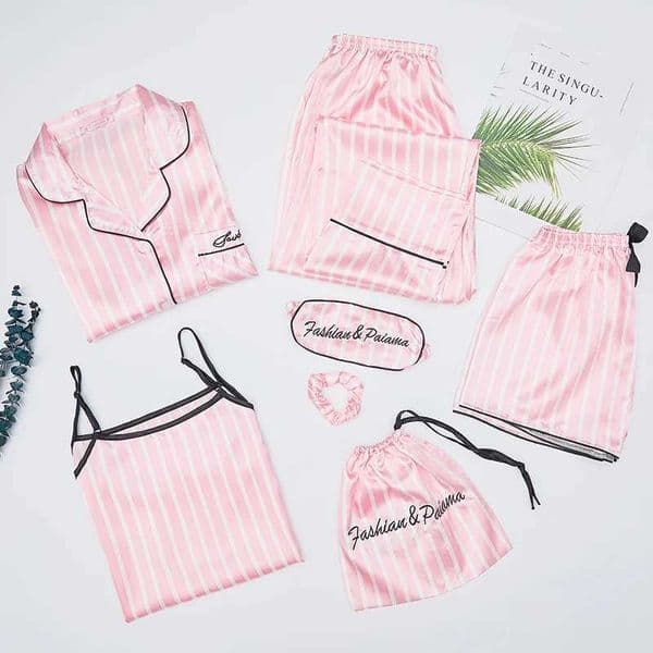Autumn Spring 7 Pieces Set Silk Elegant Women Pajamas stripe Shorts Long Sleeve Tops Elastic Waist Pants Full Lounge SleepwearJ260522