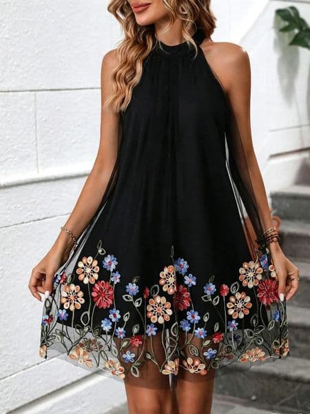 Womens Elegant Black Mesh Embroidery Mini Dress Floral Embroidered Halter Neck Sleeveless ALine Sundress for Party Vacation 260522