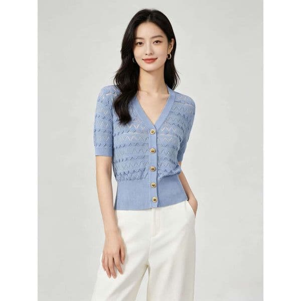 French Style Light Blue Knit Top Women V-Neck Short Sleeve Crochet Pattern with Gold Buttons Square Neck Retro