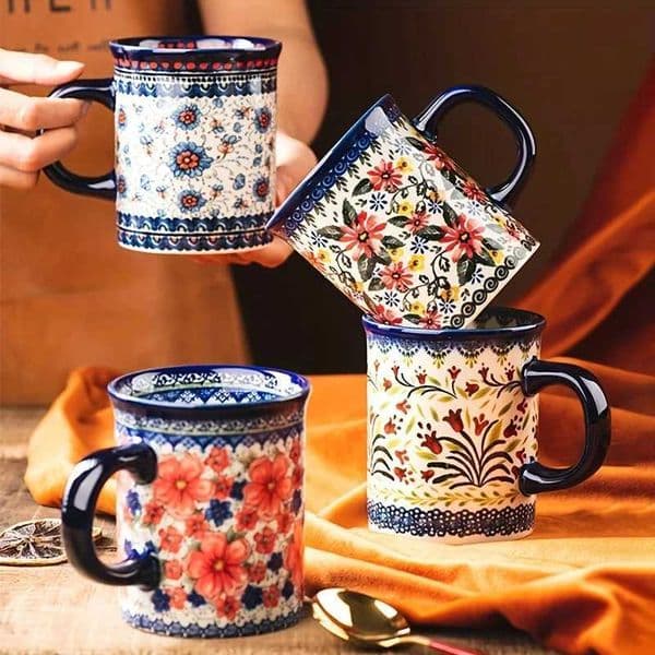 Bohemian style ceramic mug hand-painted floral pattern microwave oven compatible suitable for coffee and tea consumptionT260522