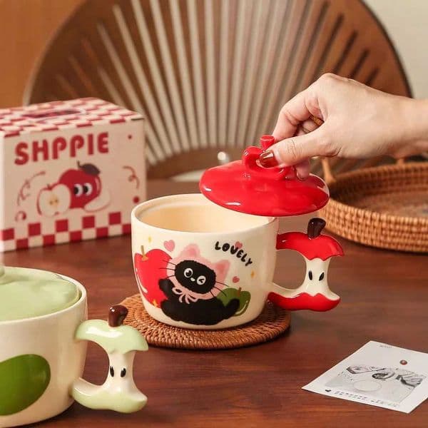 Creative Apple Cat Ceramic Mug High Beauty Capped Coffee Mugs Breakfast Milk Cup Couple Water Cups Birthday Gift Kawaii CupT260522