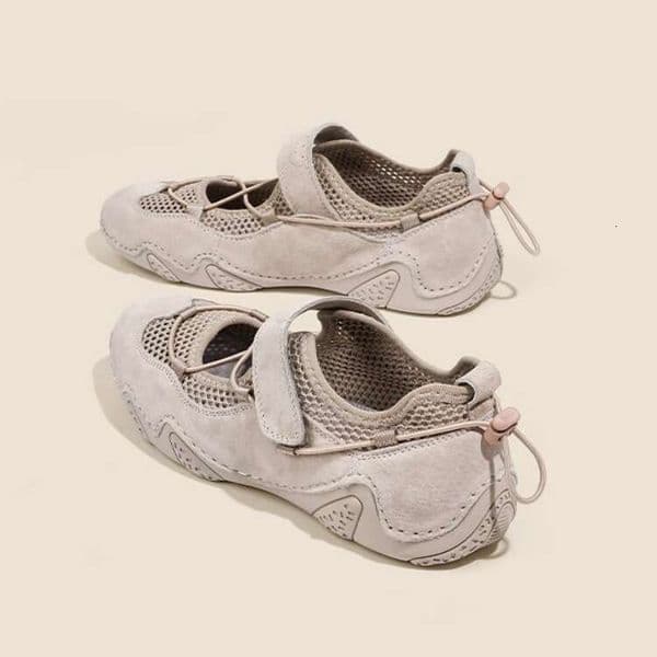 Women's Breathable Mesh Mary Jane Sneakers - Suede-Look Athletic Ballet Flats with Adjustable Strap, Comfortable Casual Walking Shoes for Summer