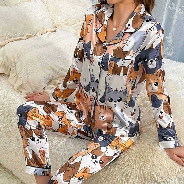 Cute Cat Print Pajama for Women Satin Long Sleeve Lapel Collar Tops Pants Pyjama Loungewear for Fall Ladies Sleepwear Pj SetsJ260522