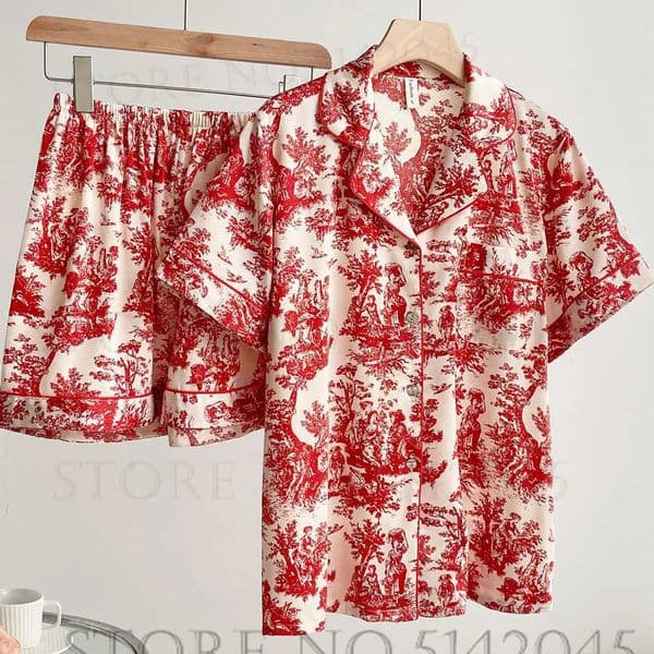 Summer Women Short Sleeve Pajamas Set Shorts Loungewear Sexy Print Satin Nightwear Pijamas Suit Loose Pyjama Pour Femme HomewearJ260522