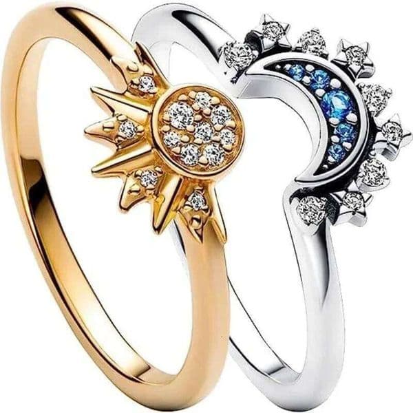2PCS Set Gold Sun Blue Sparkling Moon Men Women Star Couple Silver Color Rhinestone Engage Ring For Love W260522