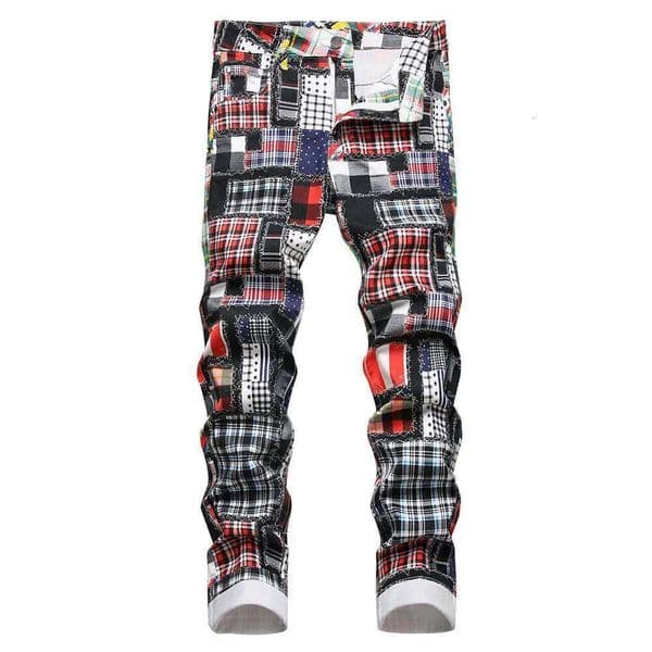 Men Plaid Digital Print Jeans Fashion Patches Patchwork Stretch Denim Pants Slim Straight Trousers 26Y0522