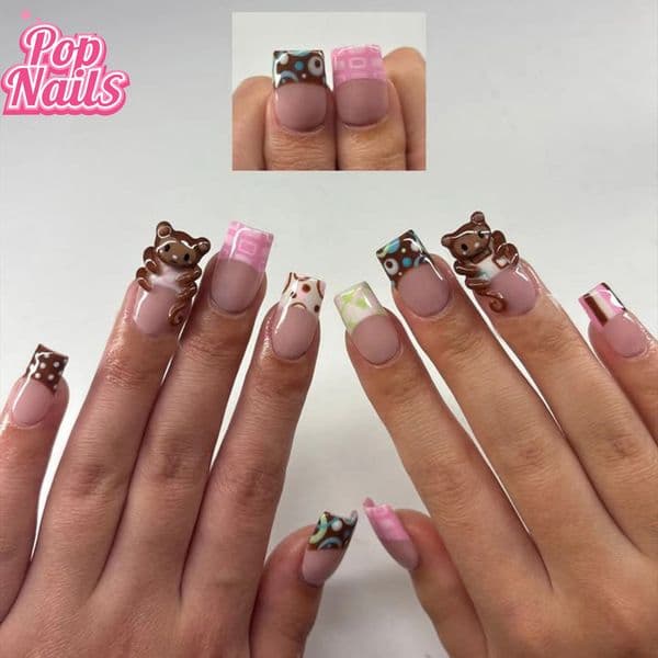 Trendy 3D Monkey Press on Nails Handmade Cute Square Shape Thick Acrylic Press on Nail Homemade Monkey 3D Nail Art Summer Nails 260521