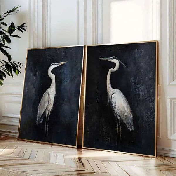 Luxury Designer Decor 2Pcs/Set Black Heron Canvas Poster Retro Flying Crane Couple Animal Wall Art Prints For Modern Living Room room Home D 11