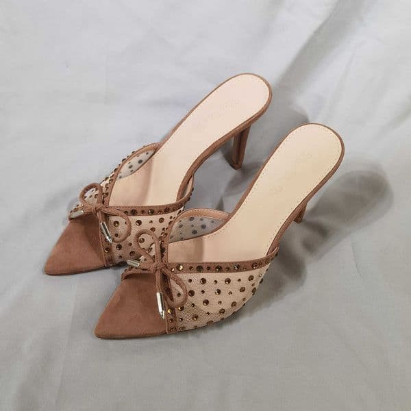 Mesh slippers for summer outdoor wear rhinestone bow high heels stiletto fashion sexy sandals versatile sandals 2025 X260522