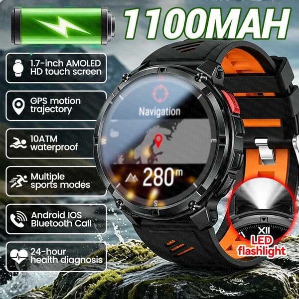 New 1100mAh Battery Outdoor Smart Watch Men GPS Compass 17AMOLED Flashlight BT Call 10ATM Waterproof Sports Track SmartwatchesT260522