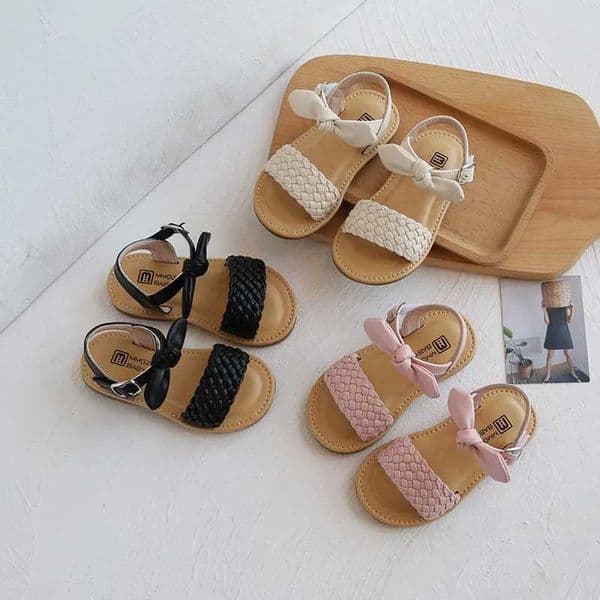 Girl Sandals Bowtie Braided Soft 21-30 Inafnt Children Sliders Bohemia Style Classic Fashion Open Toe Non-slip Kids Flats C260522