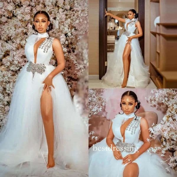 Crystals Beading Wedding Dress High Neck Arabic Sleeveless Tulle A Line Boho Bridal Gowns Sexy Side Sllit African Girls Vestido De Novia Plus Size Bd522
