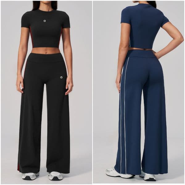 a4539 Women Yoga Outfit Gym Suits 2 pcs Long Pants Shirts Exercise Running Bell-bottoms Tops Elastic High Waist Close-Fitting Sportwear Drawstring