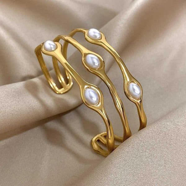 Vintage Layered Gold Plated Pearl Stainless Steel Bangles Bracelet for Women Men Bohemia Wide Open Cuff Wrist Party Jewelry Gift R260522ZHR260522