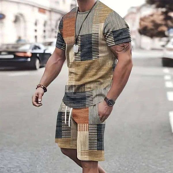 2024 Fashion Sportswear Short Sleeve T Shirt And Sports Shorts Summer Casual Vintage Patchwork Men's Two Piece Suit