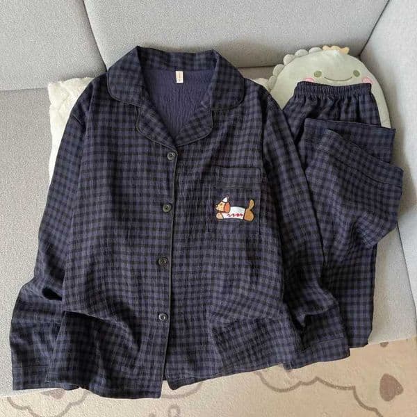 Embroidery Dog Vintage Plaid 2 Piece Suit Pyjama Femme Korean Style Casual Soft Fashion Womens Pajamas Autumn New SleepwearJ260522
