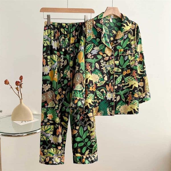 Green Jungle Tiger Pajamas Set Long Sleeve Nightwear Women Satin Home Clothing Summer New Shirtpants 2Pcs Loungewear OutfitJ260522