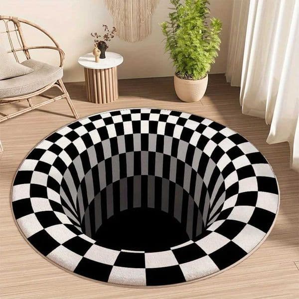 3D Black and White Checkered Pattern Round Rug Non-slip Floor Mat for Living Room Bedroom Bathroom Holiday Home Decoration X260522