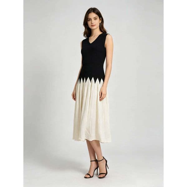 French Elegant Black & White Color-Block Knit Dress, V-Neck Fitted Flared Sleeveless Midi Dress Bow Decor Dress