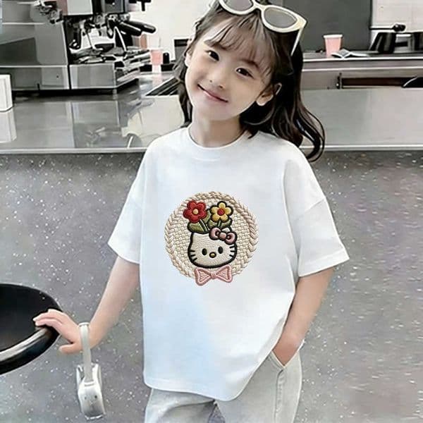 Childrens Cartoon Print Hello Kitty Stylish Top 2026 Girls Summer Casual Versatile Lightweight Short Sleeve L260521JJNP