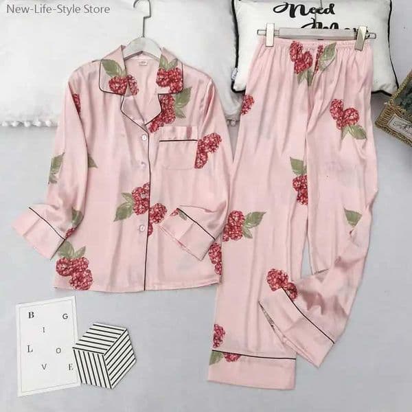 Spring and Autumn Womens Printed Pajamas Ice Silk Home Clothes Flip Collar Casual Large Long Sleeve Long Pants Set ThinJ260522