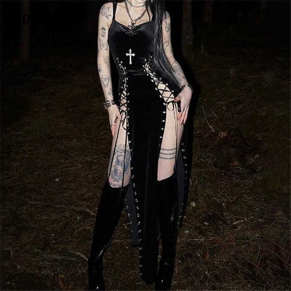 Goth Dark Punk Grunge High Split Hem Straps Dess 90s Streetwear Gown Women Sexy Corn Bandage Velvet Dresses Mall Gothic Clothing H260521