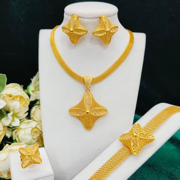 Dubai African rope Jewelry Set for Women Party Gifts Wedding Accessories 24K Gold Color Necklace Ring Bangle Earrings Sets
