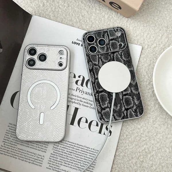 Luxury Snake Skin Pattern Faux Leather Plating Border Magnetic Shock Proof Phone Cover Case for iPhone 17 16 15 14 13 Pro MaxJ260522