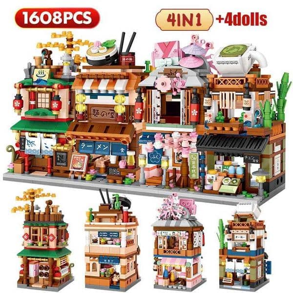 Mini City Street View Noodle Shop House Building Blocks 4 in 1 Japanese Architecture Friends Figures Bricks Toys For ChildrenT260522