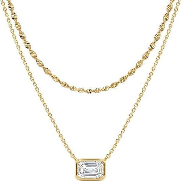 High Quality 14K gold with rectangular zircon pendant square double-layer stacked necklace, sparkling diamond clavicle chain