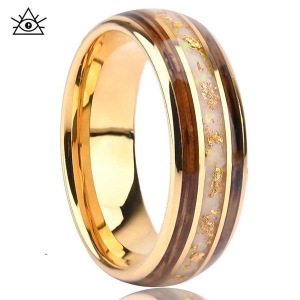 Retro creative designer spherical tungsten steel ring plated with 18K gold set with opal gold foil and barrel oak wood Q260522