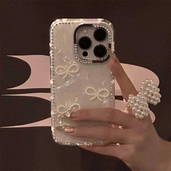 Luxury 3D Pearl Bowknow Glitter Rhinestone Shell Pattern Case For iPhone 17 Air 16 15 13 12 Pro Max 14 Plus Stylish Bling CoverJ260522
