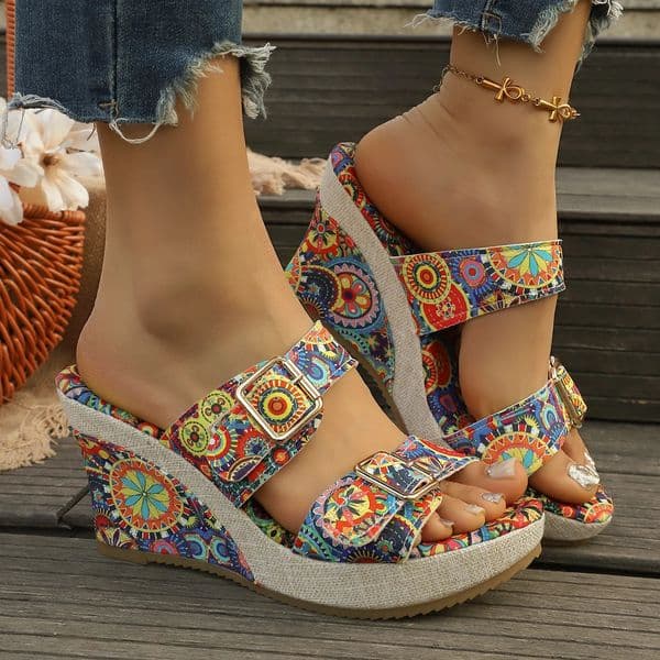 Vintage Rivet Decor Wedge Sandals for Women 2026 Summer High Heels Platform Sandals Woman Plus Size 43 Ankle Buckle Beach Shoes 260519