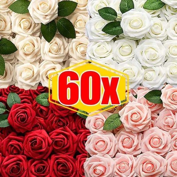 60/5Pcs Artificial Roses Flowers Foam Fake Rose Heads with Stems for DIY Wedding Bouquets Home Party Tables Decorations Supplies L260522