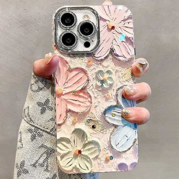 Luxury Glitter Flower Pattern Laser Phone Case For iPhone 11 12 13 14 15 16 Pro Max Plus Shockproof Bumper CoverJ260522