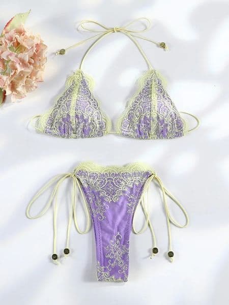 Sexy Hollow Lace Bikinis Patchwork Swimsuit Women Bathing Suits Bandage Swimwear Mujer Beachwear Triangle Bikini Set 260521