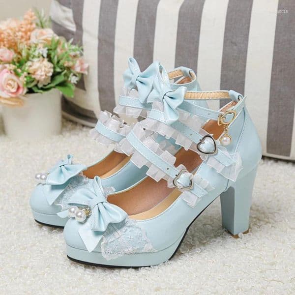 Dress Shoes Cross Strap Pearl Women High Heels Mary Jane Pumps Party Wedding White Pink Black Strawberry Bow Princess Cosplay Lolita